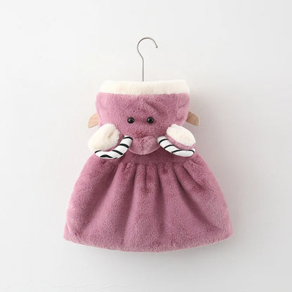 New Winter Baby Girls Coat Shawl Fluffy Little Sheep Ears Sheep Horns Small Animal Crossbody Bag Pearl Button Pleated Vest