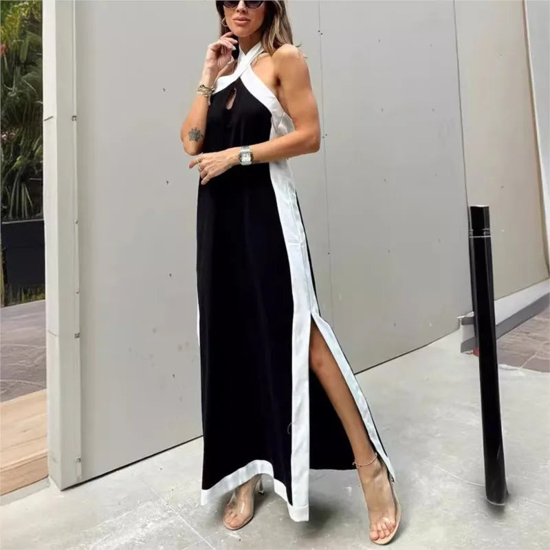 Summer Sexy Women's Dress New Style Cotton Linen Backless Halterneck Slit Vintage Boho Prom Dresses For Women Maxi Robe Femme