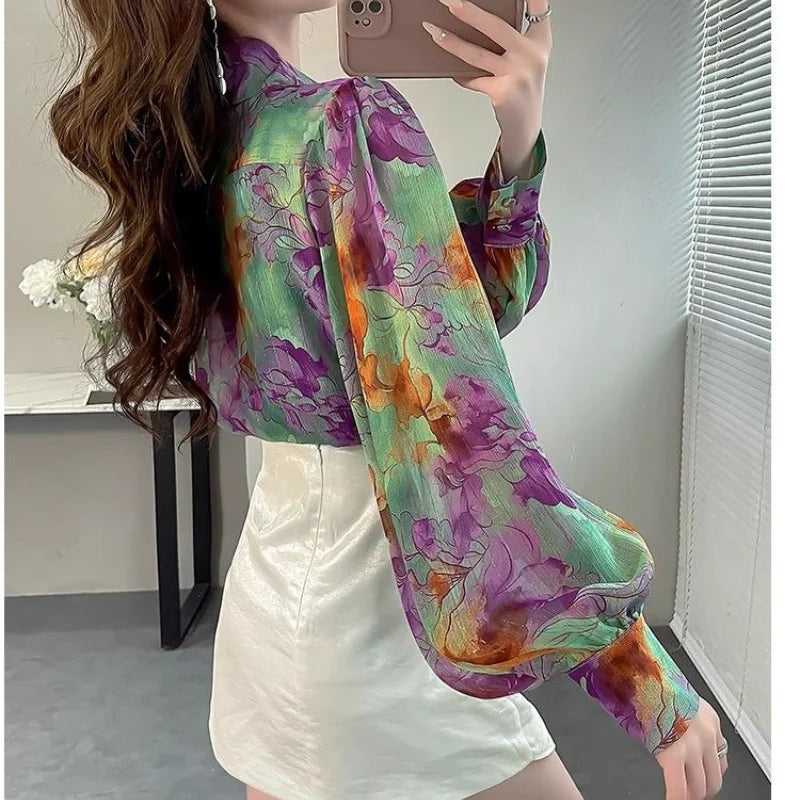 Spring Autumn New Women's Printed Button Polo-Neck Versatile Fashion Loose Appear Thin Commuter Lantern Sleeve Chiffon Shirt Top