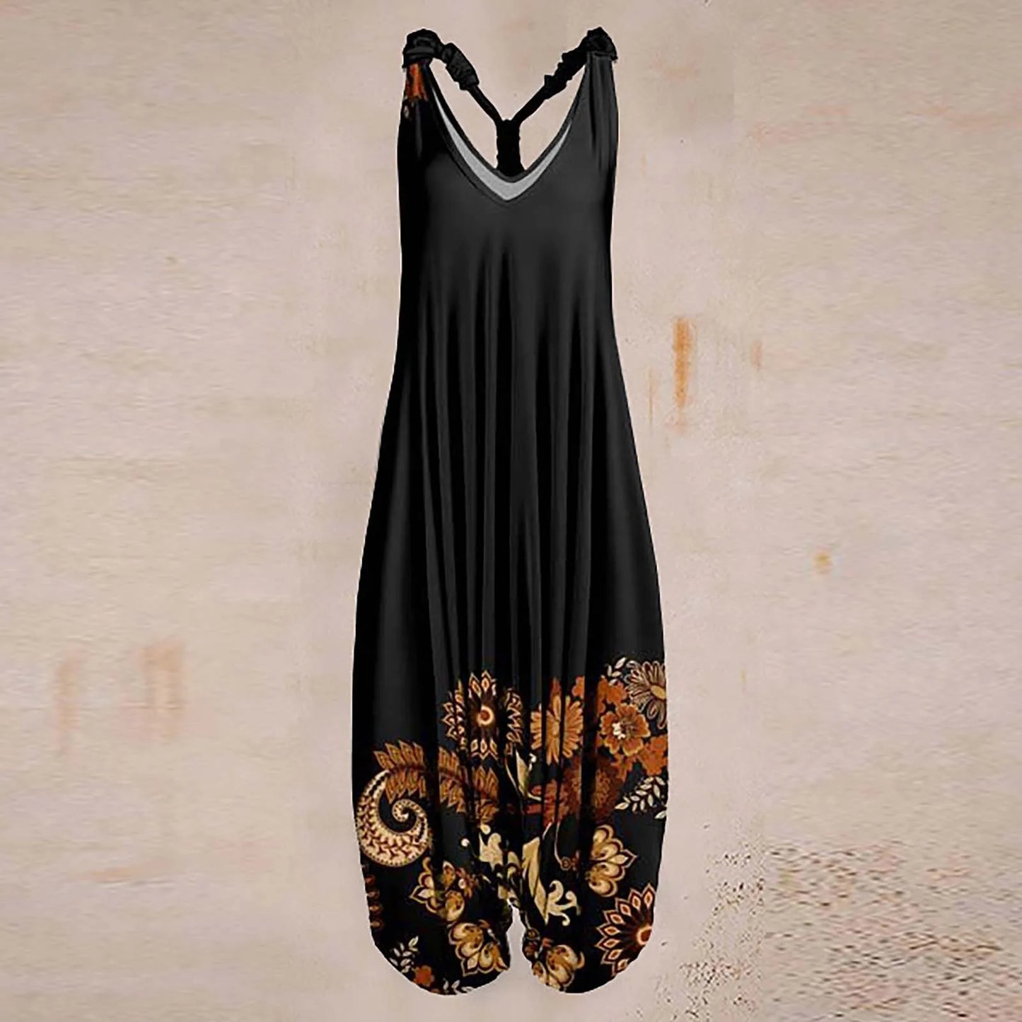 Fashionable Loose Racerback Pleated Jumpsuit With Spaghetti Straps Vintage Paisley Style Printed Overall Jumpsuit For Feamle