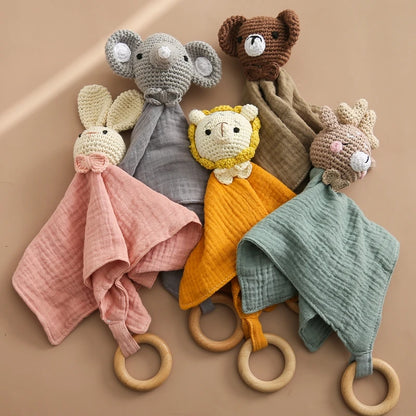 Baby Cotton Soothing Towel With Crochet Rabbit Bear Rattle Wooden Ring Bracelet Newborn Saliva Towel Newborn Sleep Teether Toys