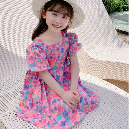 Girls' Dress Sweet Baby Korea Elegant Square Neck Backless Summer Short Sleeve Loose Full Colorful Dot 2024 New Princess Dresses