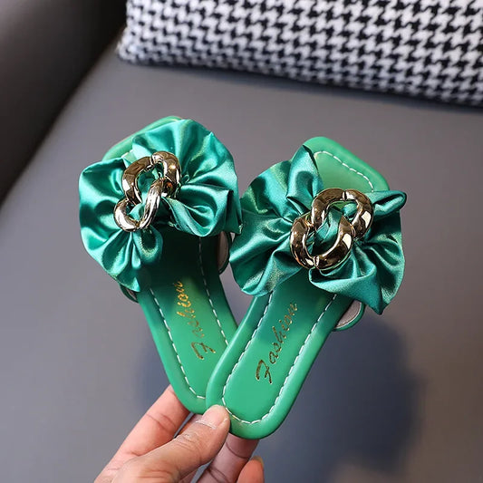 Girls Satin Bow Kids Versatile Slippers 2024 Summer New Green Simple Korean Kids Fashion Flat-bottomed Flip-flops Beach Shoes