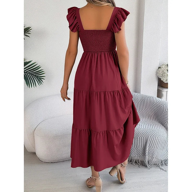 HELIAR Women Pleated Ruffles Sweet Dress Off Shoulder Solid Loose Office A-line Elegant Maxi Dress Beach Party Vestidos Summer