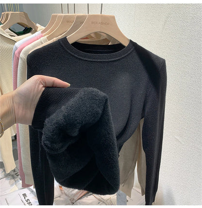 O Neck Winter Sweater For Women Thicken Slim Soft Knitted Tops Plus Velvet Long Sleeve Pullover Casual Warm Malhas Jerseys