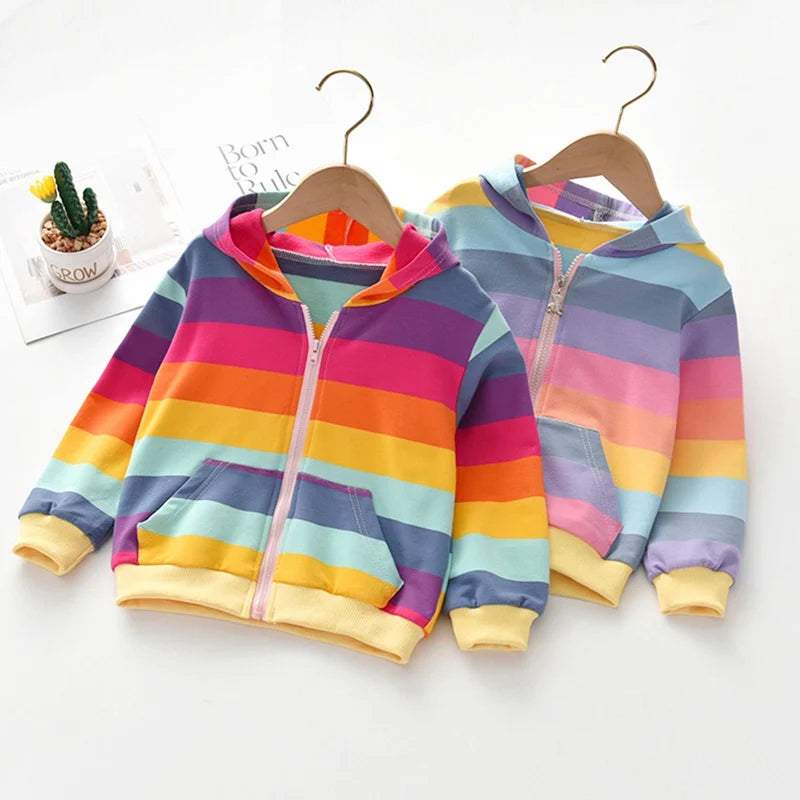 Autumn Baby Girl Outerwear Girls Rainbow Striped Casual Hoodie Zipper Sweatshirt Children Coat Cardigan