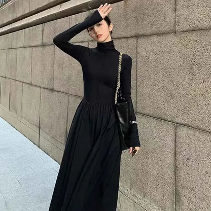 Hepburn Style Women Dress High Waist Elegant Black Midi Dress Fashion Korean Half High Collar Long Sleeve A Line Dress Autumn