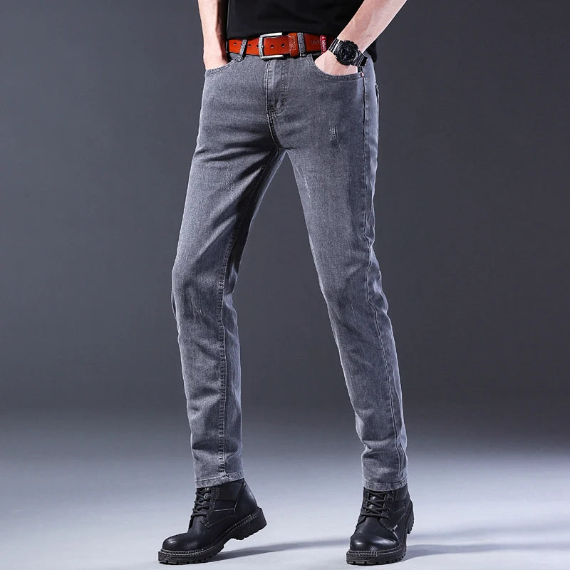 Classic Casual Jeans Men Pants 2024 New Solid Color Fashion Slim Stretch Trouser Men Brand High Quality Gray Denim Pants Men