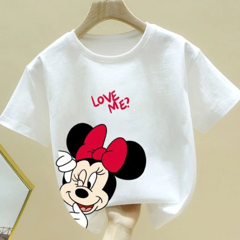 Minnie Printing T-shirt Babies Girls O-neck Bottoming Shirt Fashion Simple Cute Short Sleeve Tops Child Cartoon Clothes