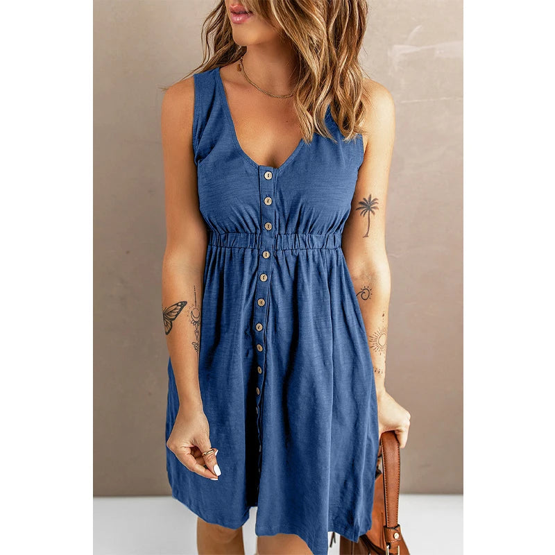 Womens Summer Sleeveless Dress Button Down Elastic Waist Swing Loose Plain Short Dresses Casual Tank Tops Dresses Plus Size