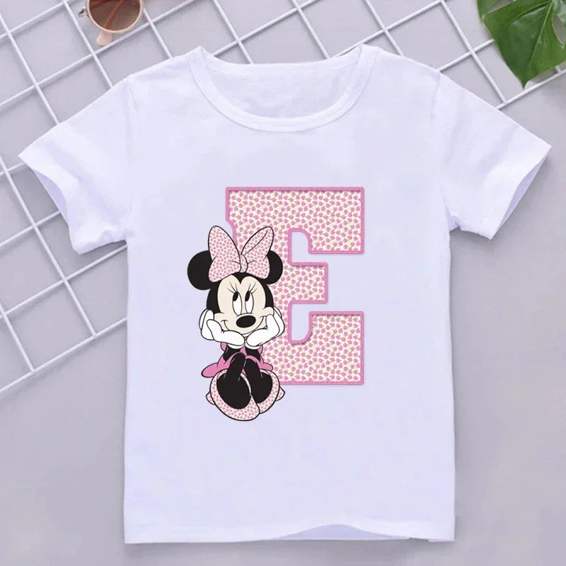 Minnie Children Cotton T-Shirts Letter A-Z Name Combination Disney Kawaii Cartoons Clothes Kids Little Boy Girl Tee Casual Tops