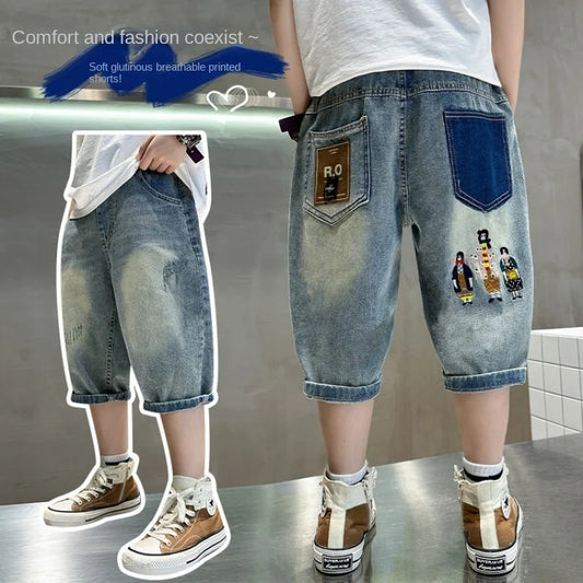 Boys' Patchwork Cartoon Printed Denim Shorts Curling Washed-Out Denim Middle Pants Children Clothing Fashion Casual Trousers6-15