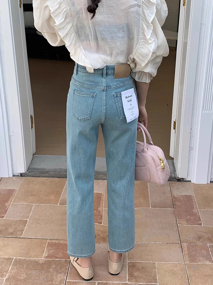 New 2024 Summer Jeans For Women High Quality Straight Blue Jeans Woman Korean Fashion Pockets High Waist Women's Jeans Hot Sale