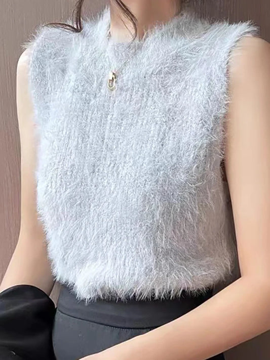 Heliar Women Faux Mink Sweater Vest Solid Autumn Sleeveless Tank Tops O-neck 2024 Winter Jumpers Women Elegant Tank Tops