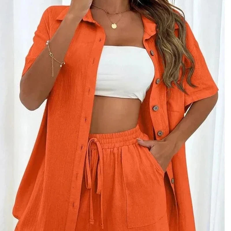 Summer Short Sleeve Shirt and Shorts Two Piece Set Women Cotton Clothing Casual Loose Blouse Drawstring Shorts Outfits 26296