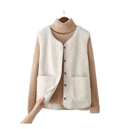 Vests New Spring Autumn Women Button Waistcoat Lamb Wool Winter Thermal Warm Thick Fleece Vests Sleeveless Jacket Ladies Coats