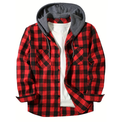 Men's Shirts Classic Plaid Casual Button Down Hooded Long Sleeved Double Pockets Shirt Hoodie Flannel Jacket Spring Autumn Tops