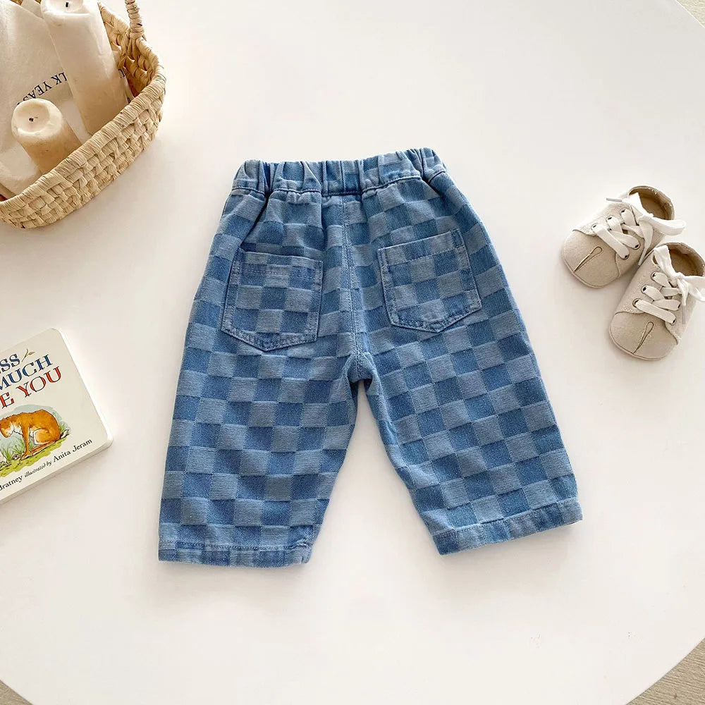 Children's Jeans 1-5Y New 2024 Autumn Boys Plaid Denim Pants Loose Style Mid Waist Girls Checkerboard Trousers