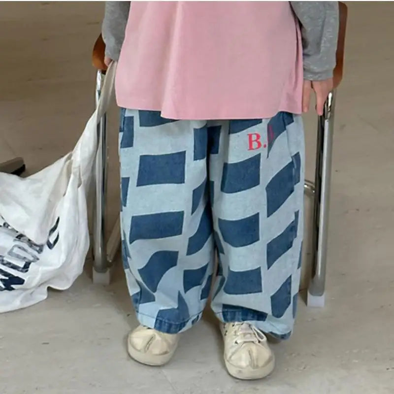 2024 Spring New Children Denim Trousers Toddler Boys Plaid Casual Pants Baby Girl Letter Wide Leg Pants Kids Fashion Loose Jeans