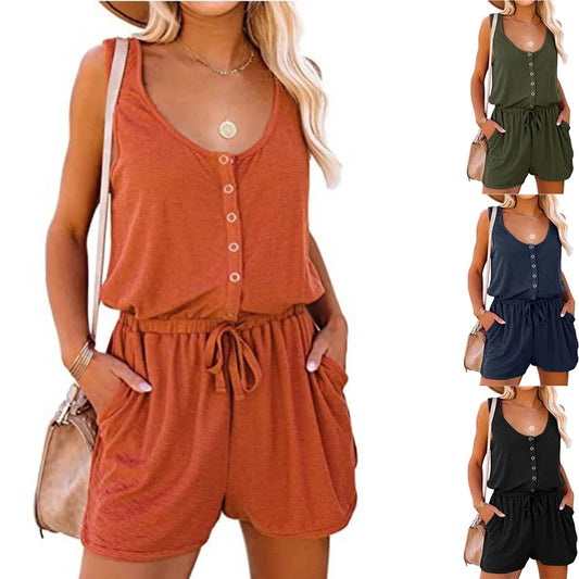 European and American Women's Summer Cross-Border New Sleeveless Jumpsuit With Waist Tied Casual Loose Wide leg Shorts