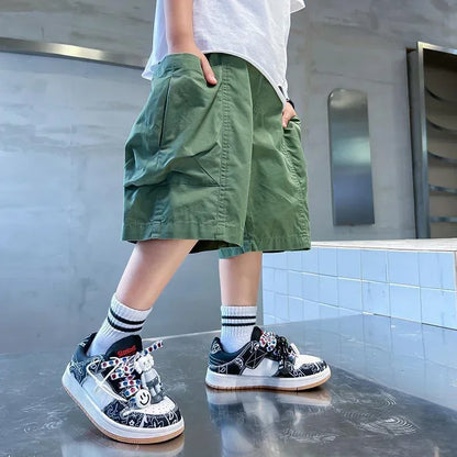 Kids Cargo Short Pants Boys Sports Pants Big Children Hip Hop Joggers Shorts Teenage High Waist Thin Streetwear Baggy Shorts