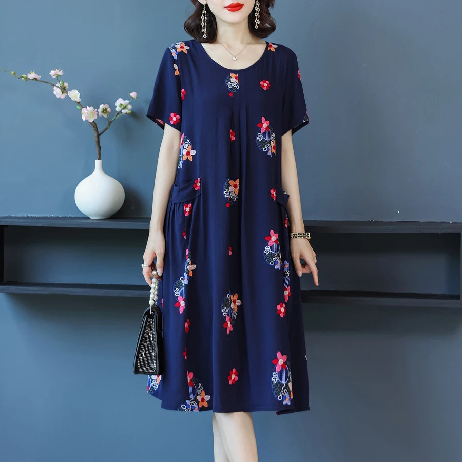 2024 O-Neck Floral Print Boho  Dress Short Sleeve Dress Sundress Robe Women Dresses Summer plus size dress