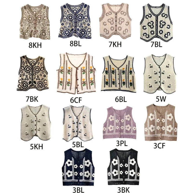 Boho Women Crochet Knit Vest Waistcoat Vintage Colorful Floral Pattern Sleeveless Cardigan Jacket Hippie V-Neck Crop Top