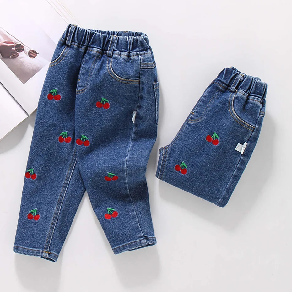 Jeans For Girls Cherry Pattern Jeans Girl Casual Style Jeans Kid Spring Autumn Children Clothes