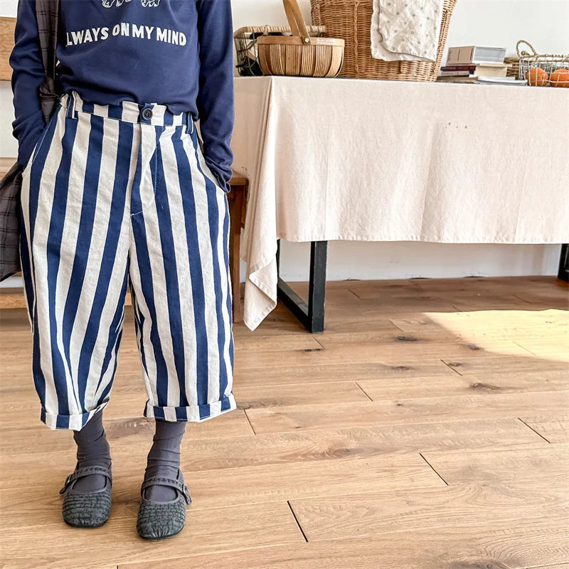 2024 Spring Children Striped Casual Trousers Loose Girls Harem Pants Kids Boys Cotton Wide Leg Sweatpants Fashion Baby Clothes