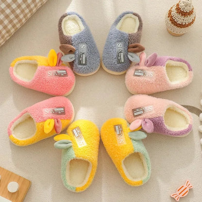 Children's cotton slippers parent-child shoes with thick velvet and soft sole  cartoon boy and girl children's woolen slippers