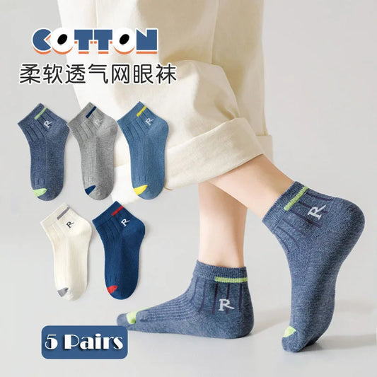 Littlle Big Boys Socks Summer Letter Pattern Cotton Socks Thin Mesh Sock Above 12T Children Crew Socks 5 Pairs Solid Color