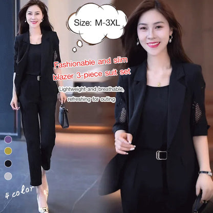 Summer High Waist Three-Piece Blazer Suit Elegant Women's Business Suit with V Neck Vest Out Coat High Waist Harem Pants