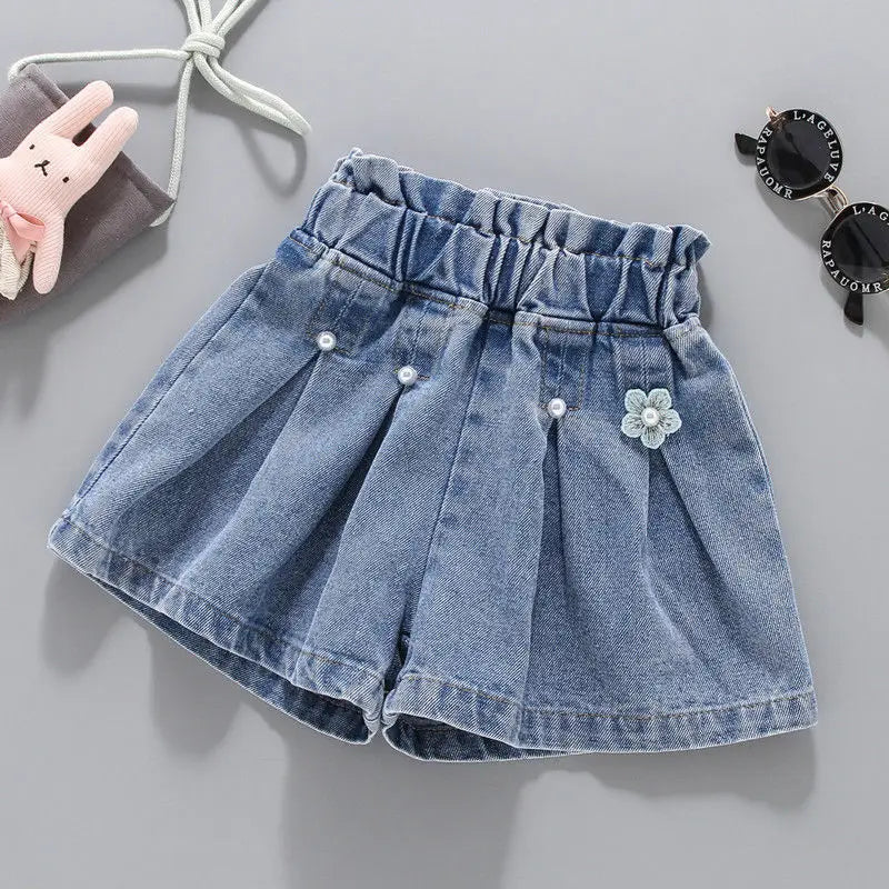 Kids Fashionable Patchwork Rainbow Flowers Jeans Back Dual Pockets Design Summer Thin Girls' Beaded Wide Leg Loose Short Pants