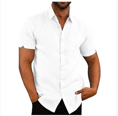 Summer Men's Short Sleeve Shirt Fashion Solid Color Linen Cotton Breathable Leisure Lapel Button T-shirt Business Casual Shirt