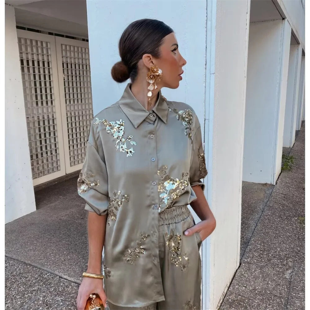 Taop&Za 2024 Early Spring New Product Women's Fashion Casual Sequin Embroidered Satin Shirt Straight leg Trouser Set