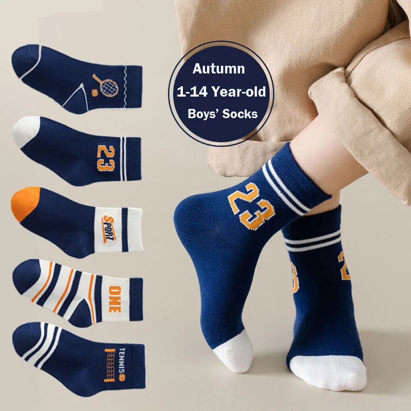 1-14T Kids' Socks Spring Autumn Cotton Socks 5 Pairs/lot Soft Cotton Socks Calf Socks Little Big Boys Crew Sock