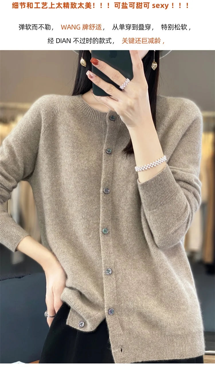 2024Spring and Autumn  New 100% pure merino cashmere sweater women's O-neck cardigan loose long-sleeved sweater top