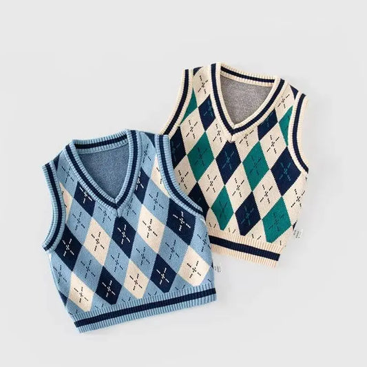 Ins Spring Autumn Children Boys Vest Patchwork Rhombus Plaid Baby Boys Waistwear Elastic Hem 100% Cotton Kid Boys Knitwear