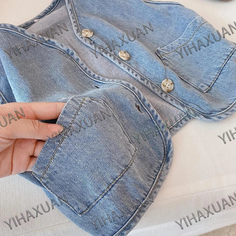 Spring Autumn Kids Denim Vest 1-8 Years Old Boys Girls Sleeveless Jacket Fashion Versatile Waistcoat Children Casual Outerwear