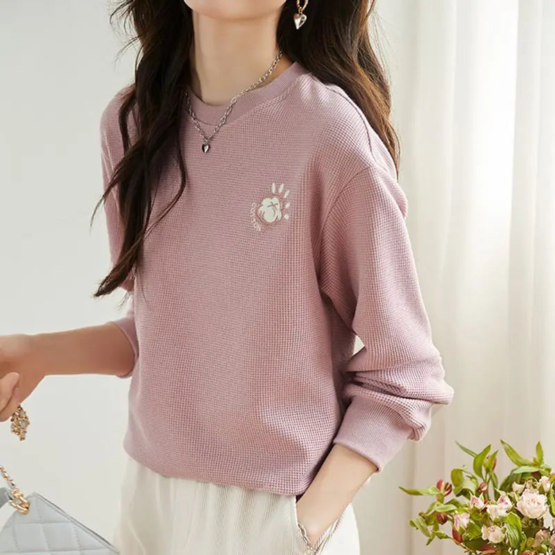 Autumn New Solid Color Embroidered Sweatshirts Women Classic Long Sleeve O-collar All-match Loose Fashion Comfortable Top 2022