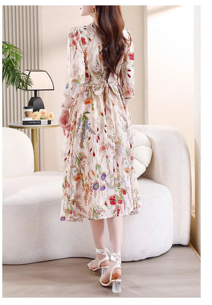 Summer New V-neck Half Sleeve Fashion Midi Dress Women High Street Floral Printing Dresses Elegant Button Lacing Y2K Vestidos