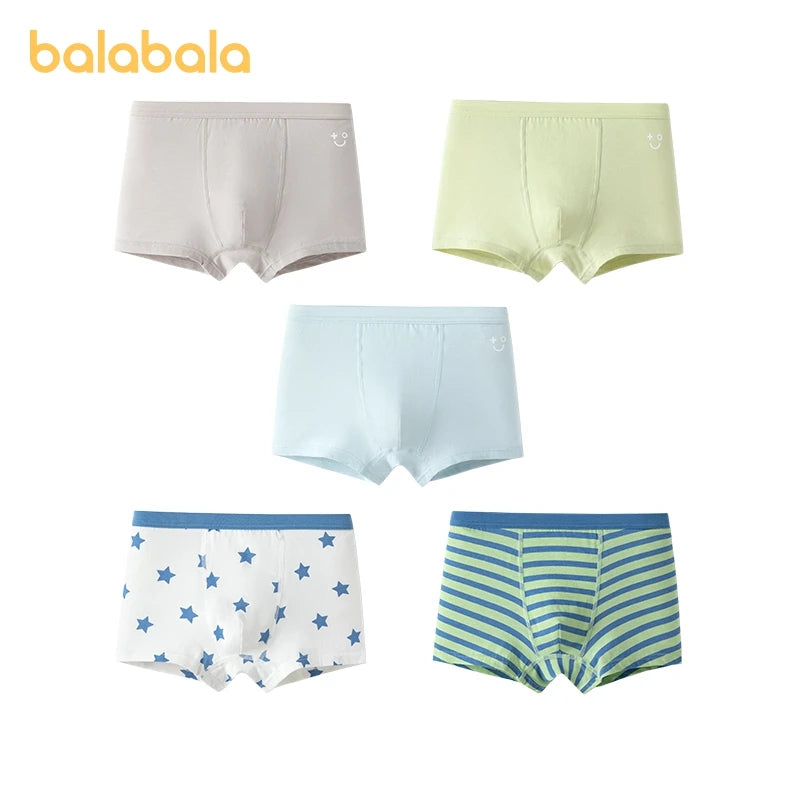 Balabala Underwear Boys Girls  2024 Summer New Cotton Boxer Shorts Small Medium and Large Sizes Non-Pinching Design Five-Pack