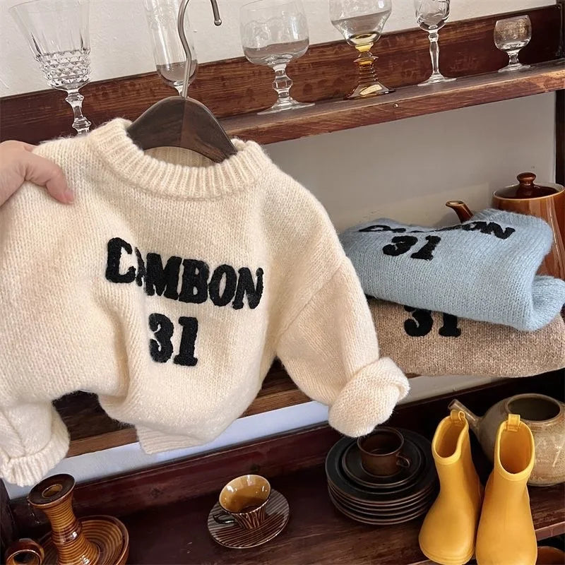 Fashion Baby Girl Boy Letter Embroidery Sweater Winter Spring Infant Toddler Child Knitted Pullover Top Casual Baby Clothes 1-7Y