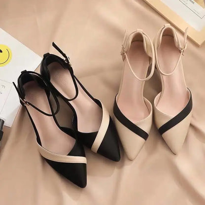 Women's Classic Beige Square Heel Pointed Shoes for Party Ladies Spring Summer Black Buckle PU Leather Profession Pumps