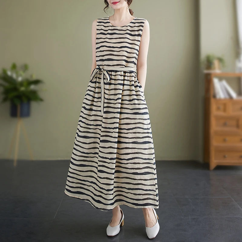 2023 Summer Vintage Print Striped V-neck Dresses Women Sleeveless Casual Loose Cotton Linen Dress Elegant Vestidos Robe Femme