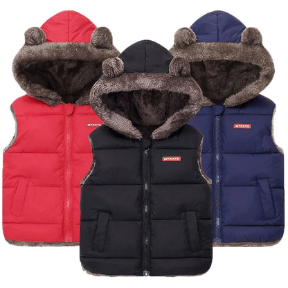 New Winter Keep Warm Boys Vest Fashion Thick Plush Hooded Collar Waistcoat For Kids 2-6 Years Old Children Outerwear