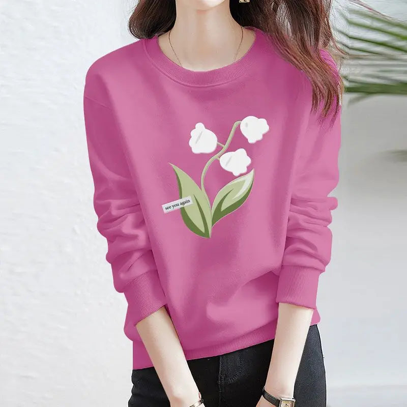 Women's Printing Flower Sweater Spring and Autumn 2023 New Fashion Round Neck Age Reducing All-match Slim Long Sleeve Top