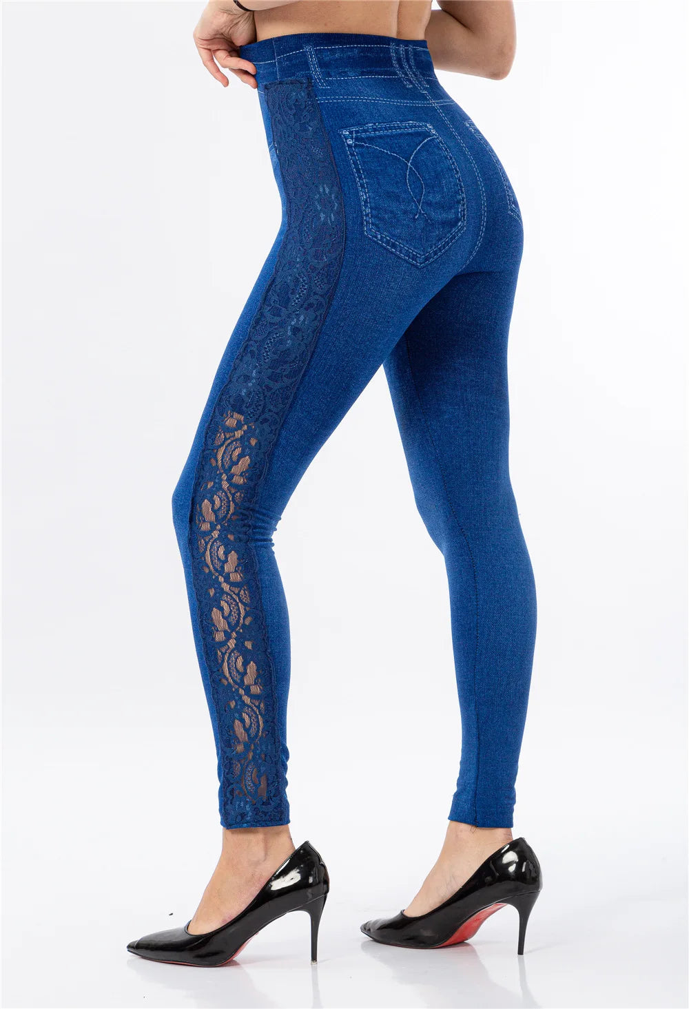 See-Through Lace Leggings High Waist Imitation Denim Legging Women Elastic Jeggings Printing Casual Trousers Pencil Pants