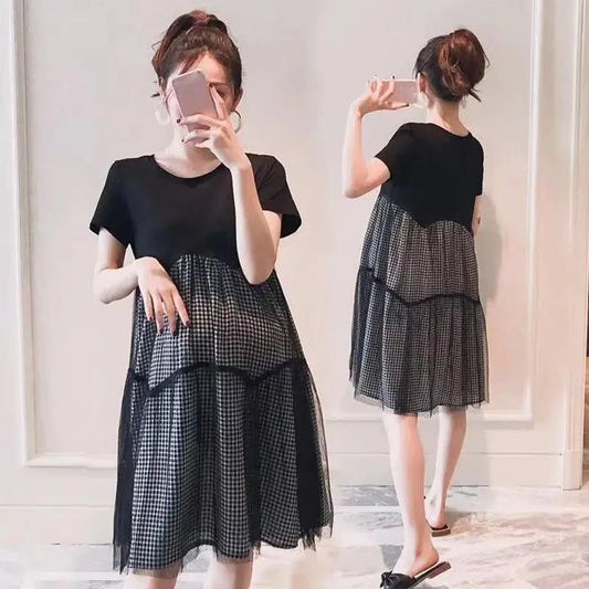 Fashion Maternity Dresses Summer Double Layer With Lace Dress  A-line Skirt Loose Short Sleeve Clothes Pregnant Women Clothing