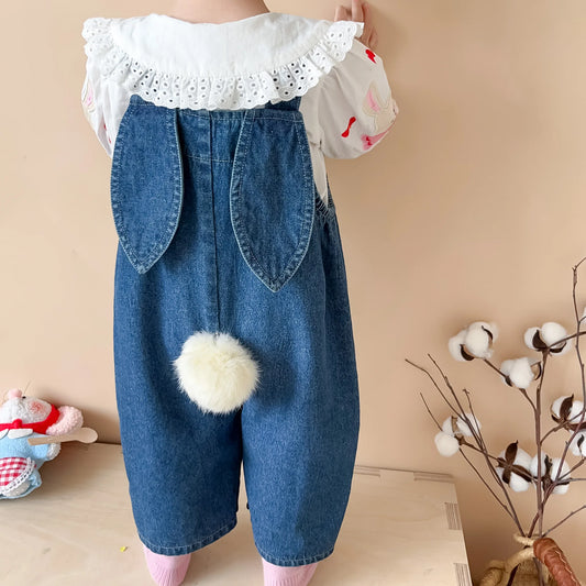 Cute Baby Girls Overalls 0-24Months Kids Bunny Ear Ball Loose Denim Jumpsuit Suspender Pants Jeans Outwear Spring Autumn Clothes